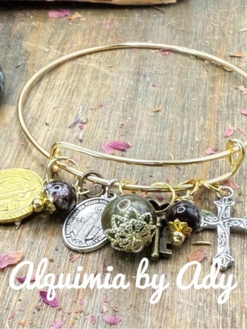 14k gold Plated San Benito + Jasper and agate multi charms statement bracelet